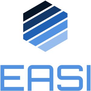 Blue striped hexagon with EASI written underneath, logo of EASI B2B